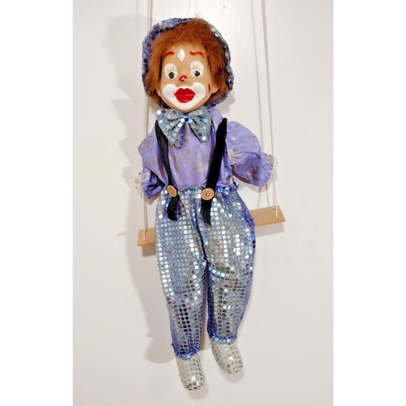 VTG Porcelain Cloth Clown Marionette 22" On Swing Face Halloween Puppet READ - Picture 1 of 10